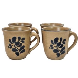 Pfaltzgraff Folk Art® Set of 4 Mugs Folk Art Collection Stoneware, Tan/Blue, EUC
